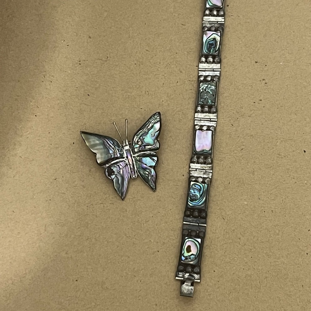 Sterling and Abalone Mexican Butterfly Brooch and Bracelet Set